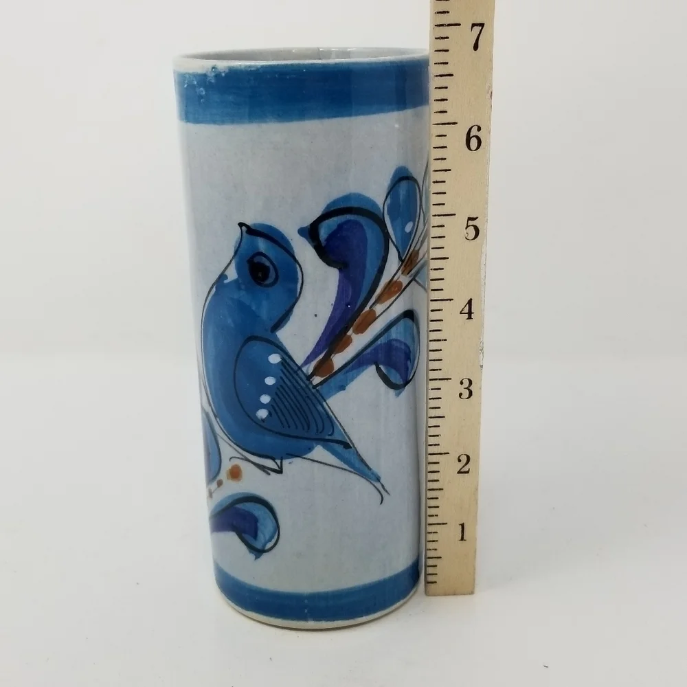 Ken Edwards Tonala Mexican Folk Art Pottery Vase Glazed Tumbler Bird Blue Floral